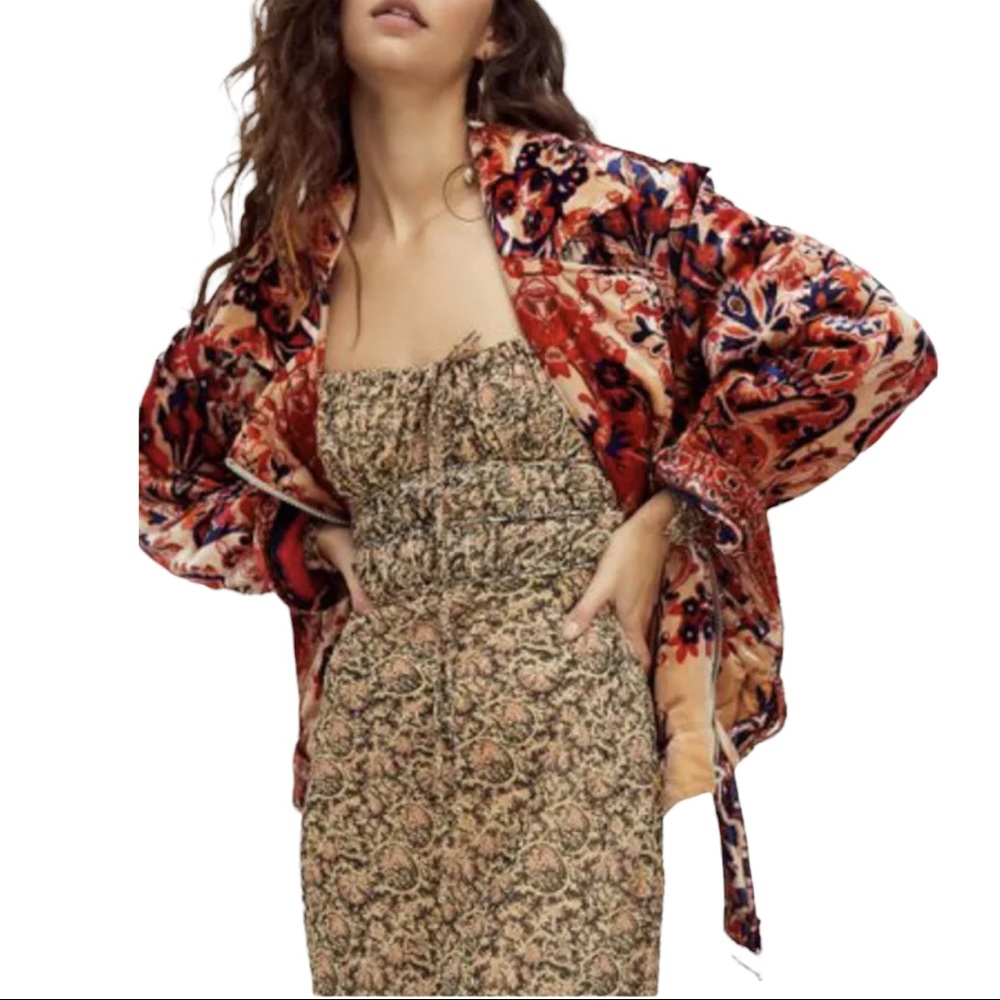 Free People Bailey Velvet Moto Sm Blue Red Floral Jacket Coat - Picture 7 of 7